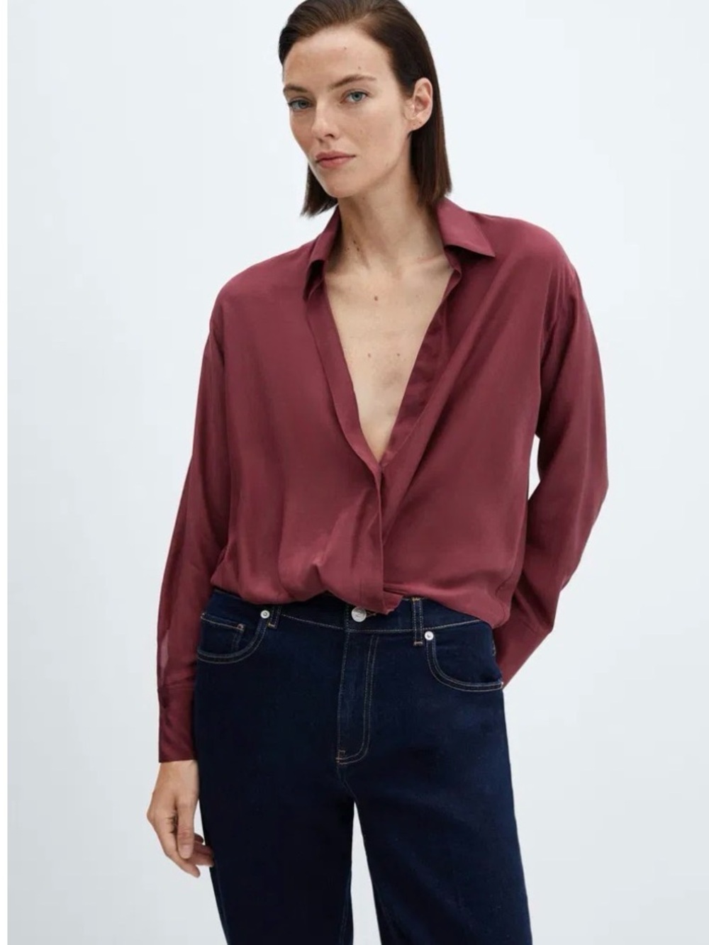 NWT MNG Mango Burgundy Satin Wrap Blouse Size 14 Lyocell Blend